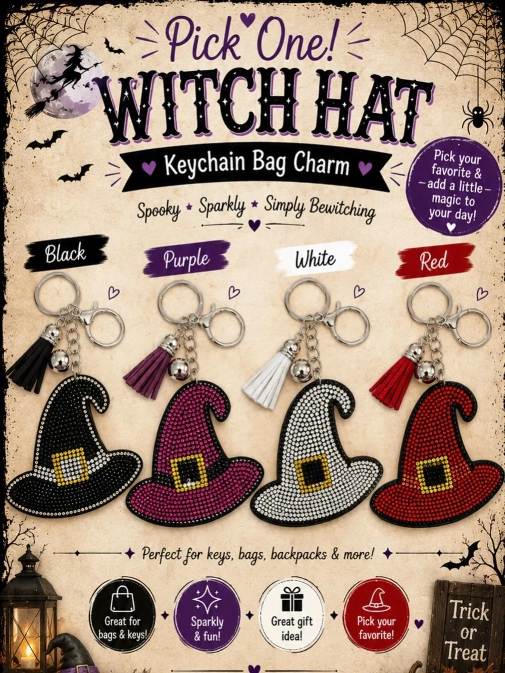 Sparkly Halloween Witch Hat Keychain Bag Charm - Pick One